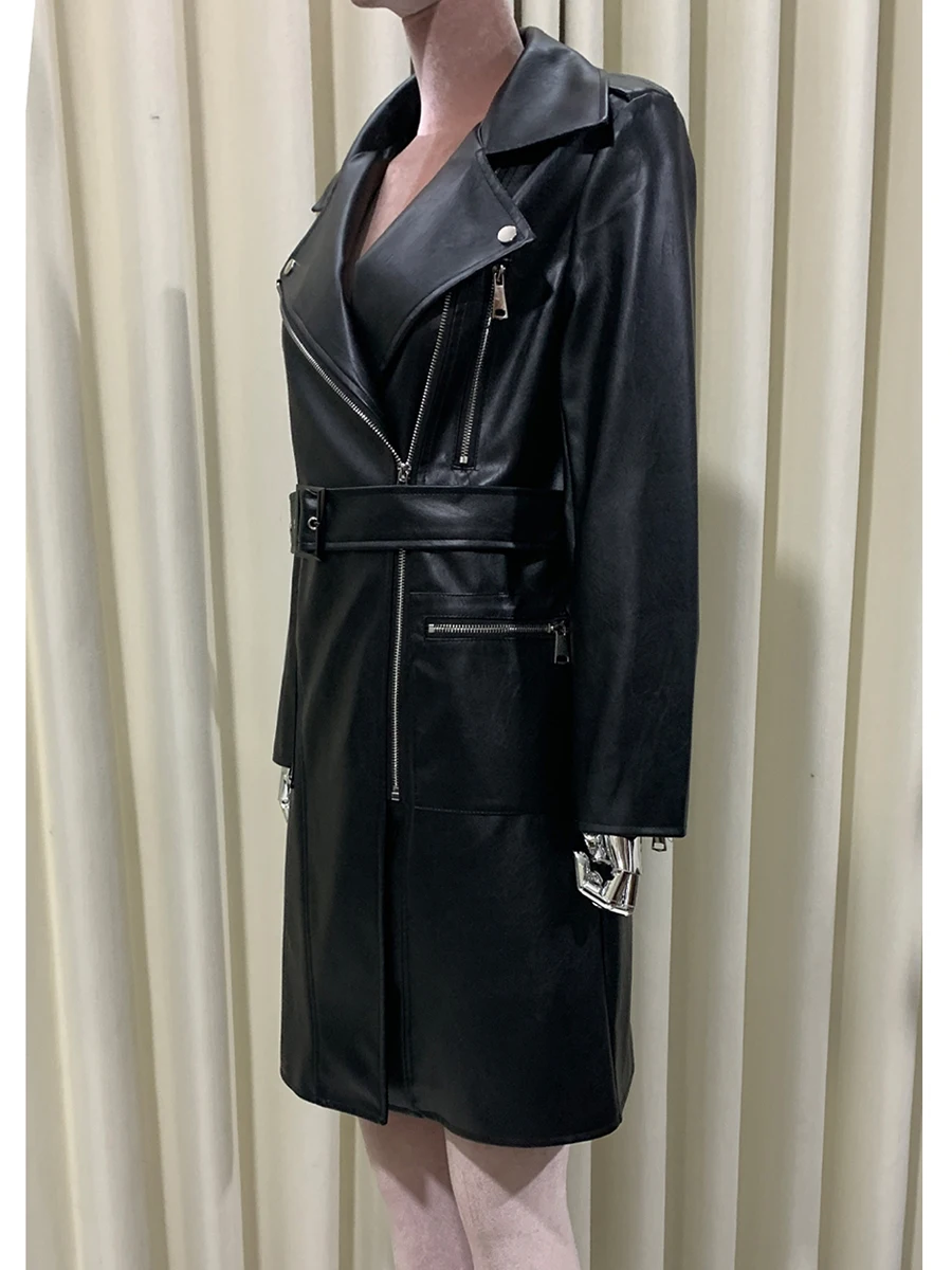 Mauroicardi Frühling Herbst Ausgestattet Lange Schwarz Pu Leder Moto Biker Jacke Frauen Gürtel Zipper Langarm Luxus Kleidung Mantel 2025