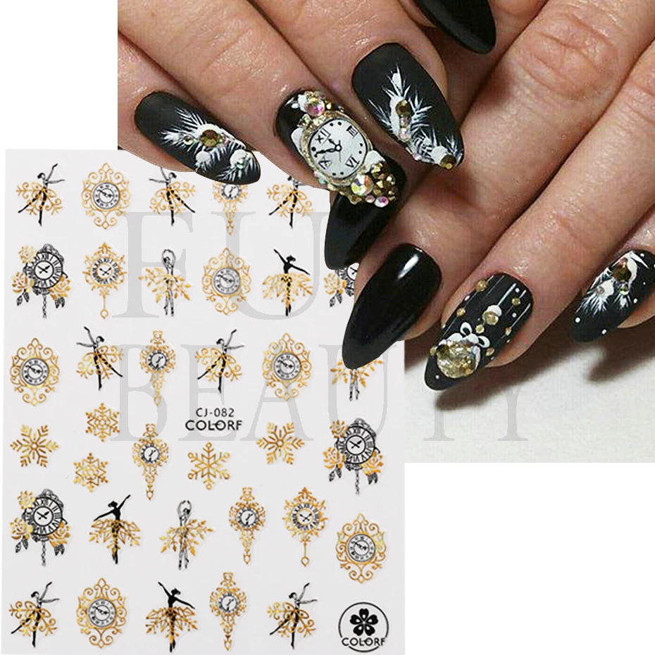 3D Nail Art Sticker New Year Christmas Laser Gold Black Clock Elk Snowflake Decal Slider For Holiday Manicure Accessory NLCJ-082