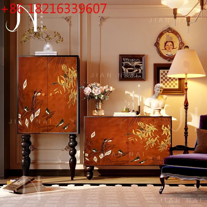 TAO French Chinese wind finch upper branches solid wood tall cabinet living room against the wall storage dining room storage