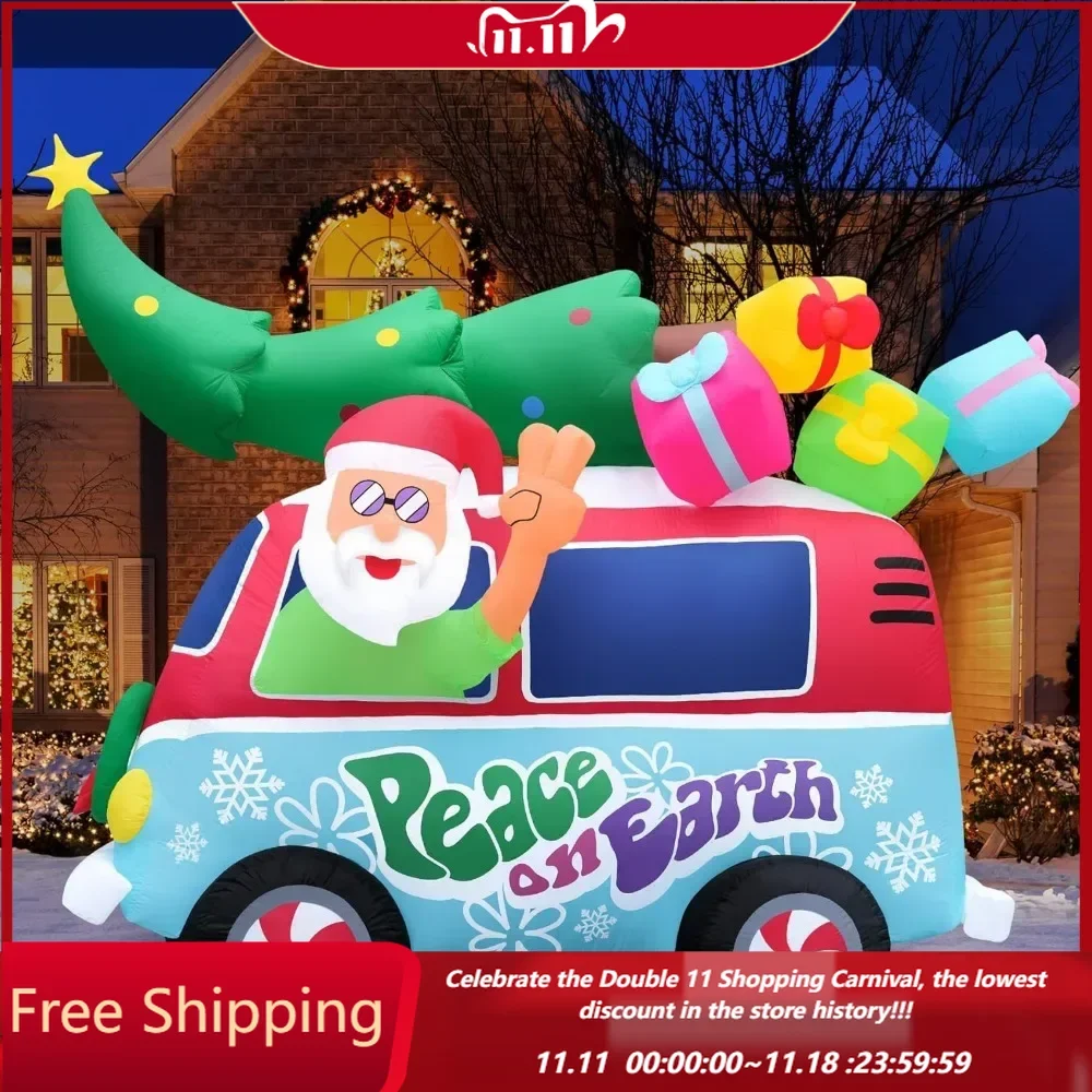 Christmas Inflatables Large 8ft Tall Santa Hippie Van - Inflatable Outdoor Christmas Decorations Blow Up X-mas Decora