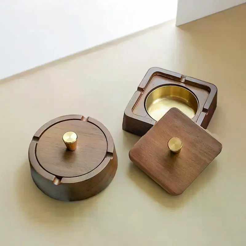 Square Circle Natural Wood Ashtray Lid Fireproof Iron Core Compact Tea Tables Desks Home