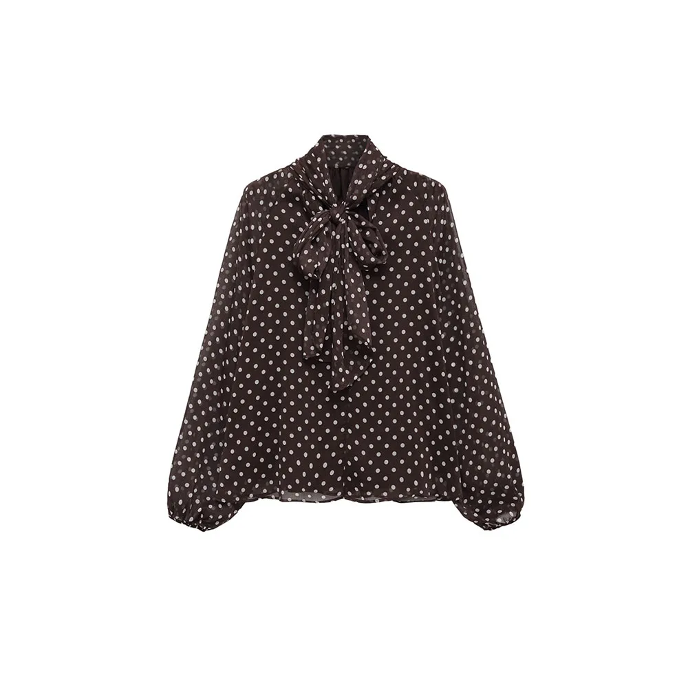 

Autumn new women's fashion loose and simple bow knot polka dot shirt