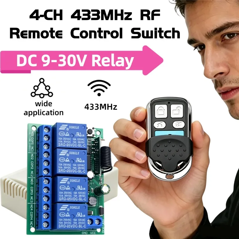 433MHz 4CH DC9-30V Wireless RF Relay Switch Kit Remote Control for Lamp Automatic Gate Garage Door Motor