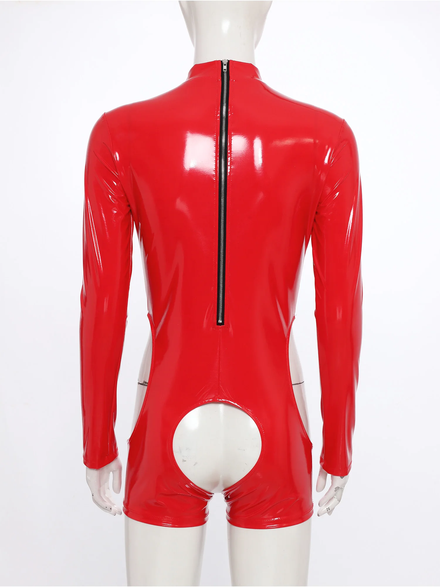 بدلة نسائية مثيرة من جلد البولي يوريثان برقبة وهمية وأكمام طويلة مفتوحة المنشعب ثوب فضفاض للنوادي الليلية بدلة رقص Catsuit ملابس النادي #4