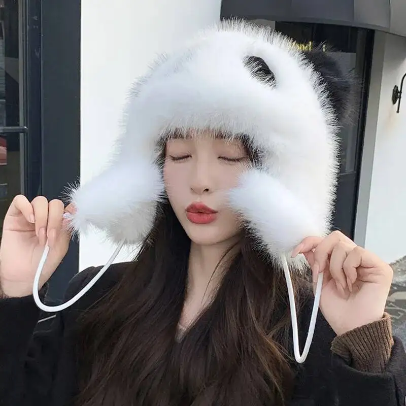 Winter Faux Fur Hat Warm And Windproof Panda Ear Protection Hat Fashion Baotou Hat Lei Feng Hat For Women Thick Fluffy Fur Hat