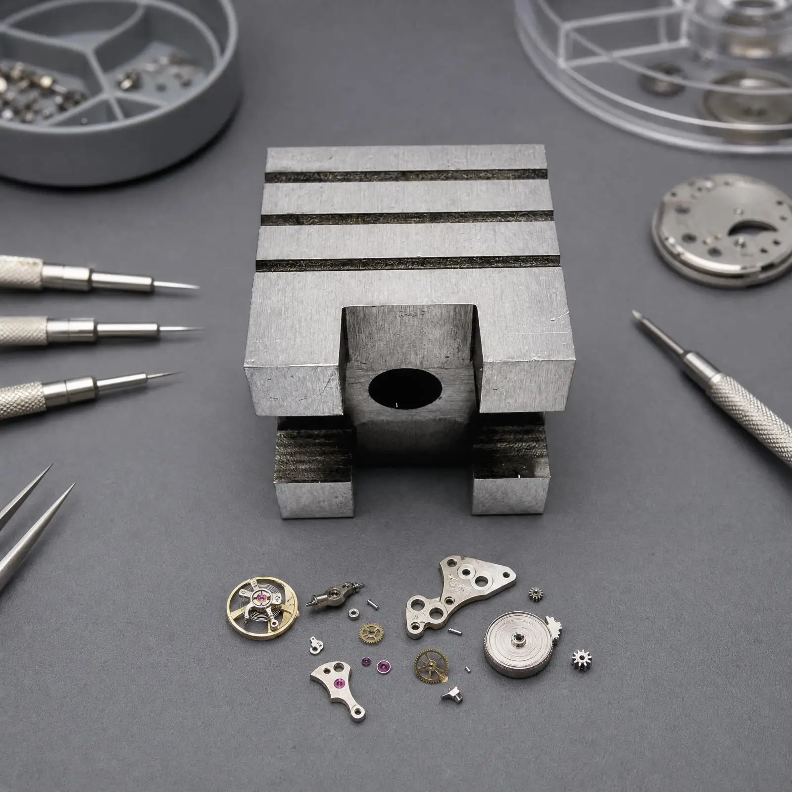Watchmaker Steel Block for Repair Tasks Heavy Duty Bench Block with Recessed Channels for Small Parts Organization