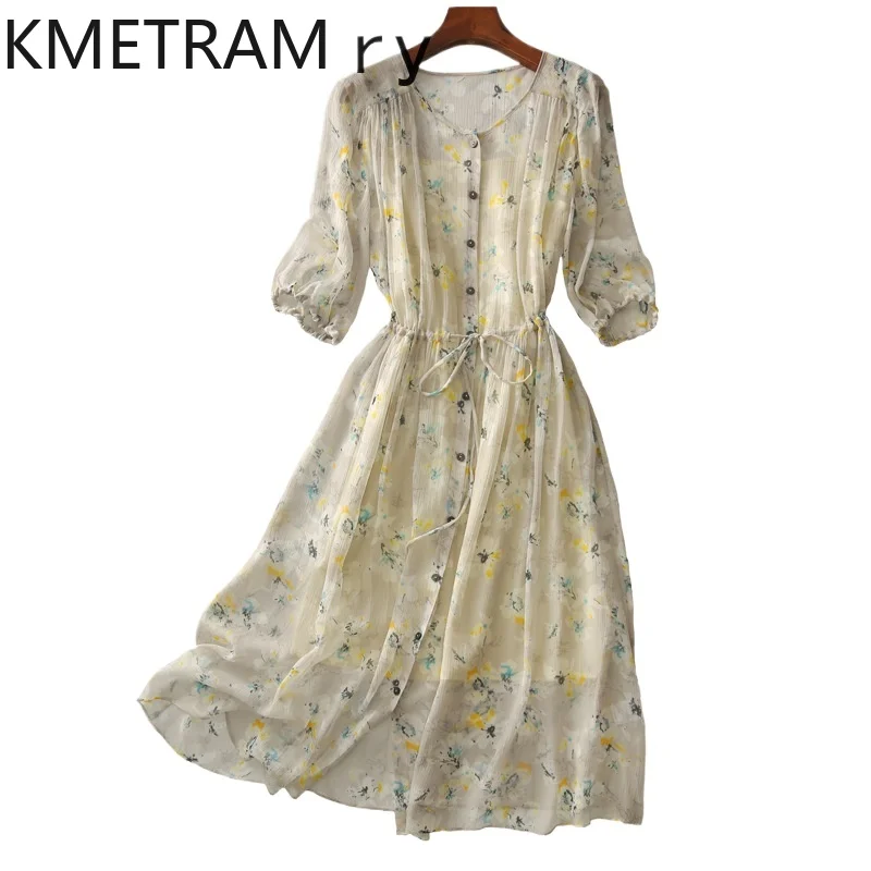 

KMETRAM 100% Mulberry Silk Knee-Length Dresses Summer Little Fresh Dress for Women High Waisted Floral Skirt 2024 New Clothes