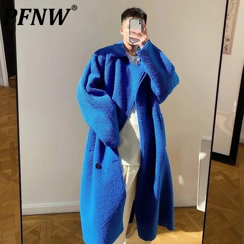 

PFNW New Men's Faux Fur Coat Thickened Overcoat Korean Chic Over Knee Belt Double Breatsed Coats 2024 Trensy Menwear 9Y9973