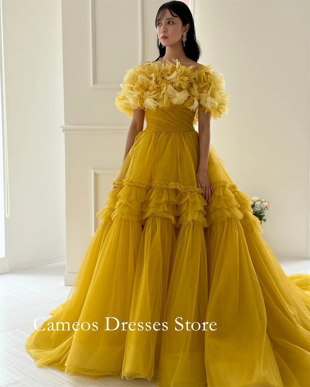 

SONDR Korea Off the Shoulder Pleated Evening Dress Customized Formal Prom Dress Tulle Tiered 웨딩드레스 Occasion Party Evening G