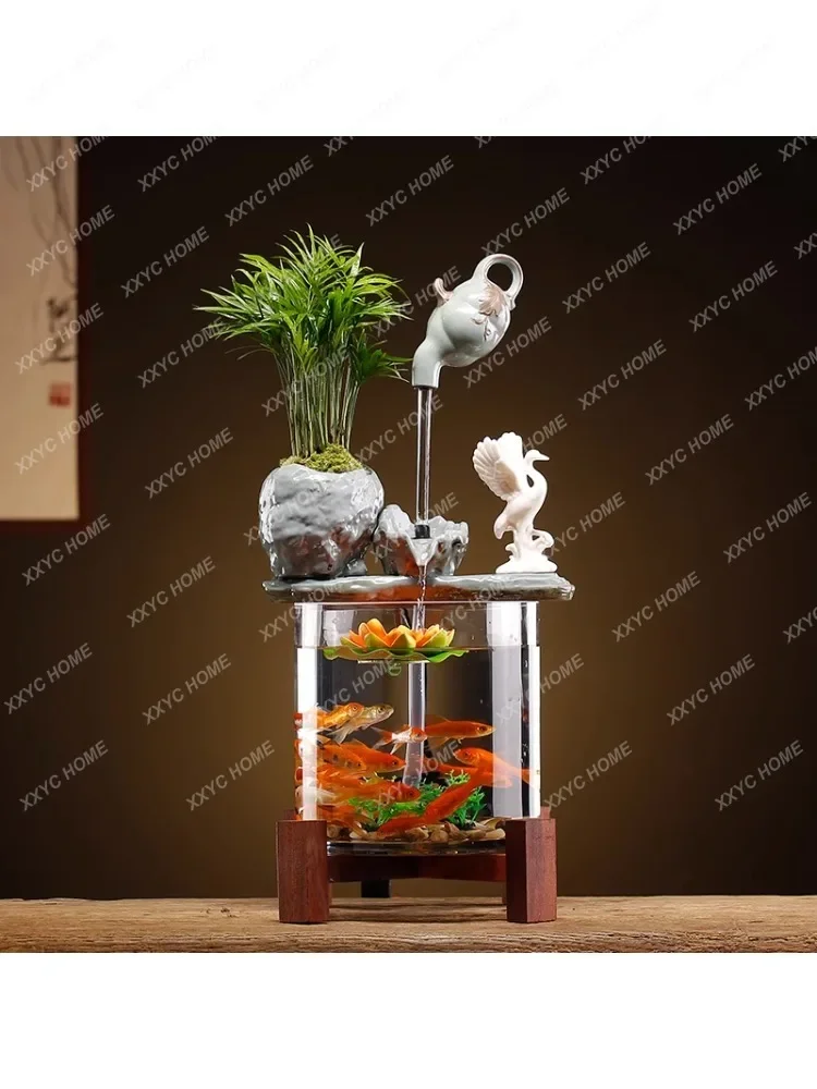 Living Room Interior Desktop Transparent Glass Fish Tank Self-Circulating Aquarium Fountain Decoration