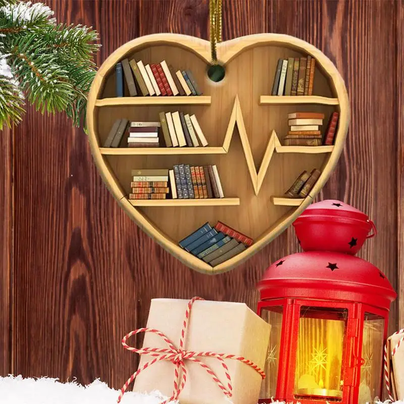 Christmas Bookshelf Ornament Fashionable Acrylic Bookworm Reading Ornaments Lovers Heart Ornament Cute 2D Bookworm Ornaments For