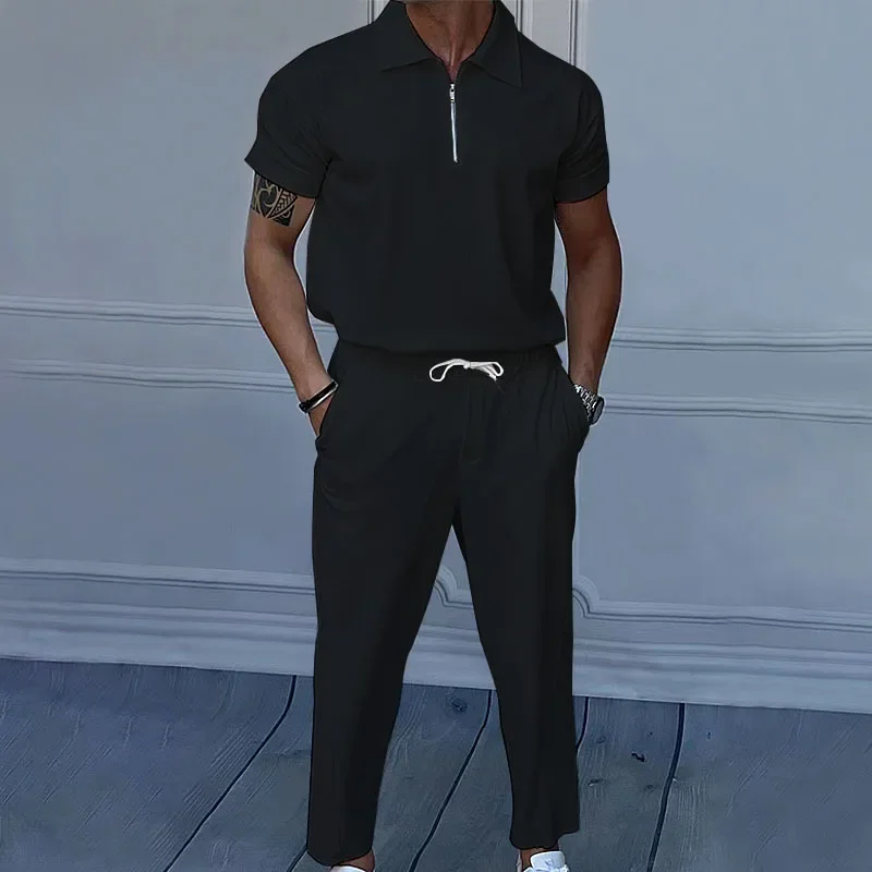 Summer costume for European and American men, plain color, lapels, short sleeves, zipper, pants, new collection