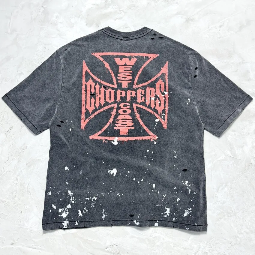 

Men Women Oversized T-shirt Top Saint Tees West Coast Choppers Retro Flame Motorcycle Cross Print T Shirt
