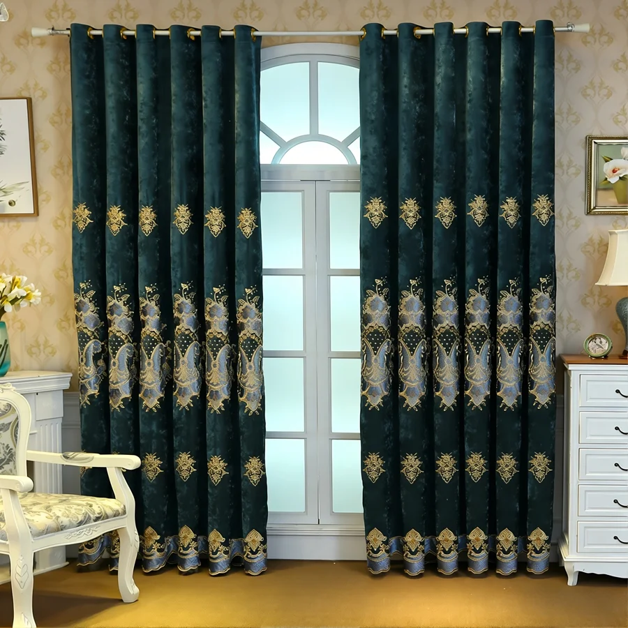 

Luxury Emerald Green Velvet Curtains, Gold & Blue Embroidery Blackout Drapes for Living Room