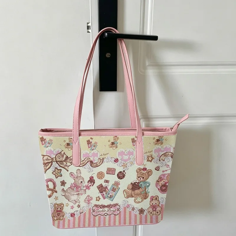 Japanese Original Cartoon Biscuit Party Lolita Tote Bag Girl Heart Large Capacity Pu Leather Shoulder Bag for Woman