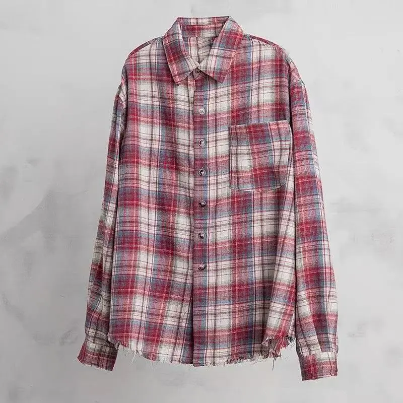 

Trend Classic Red Plaid Shirts Harajuku Streetwear Spring Summer Women Vintage Long Sleeve Oversize Blouse Sunscreen Retro Shirt