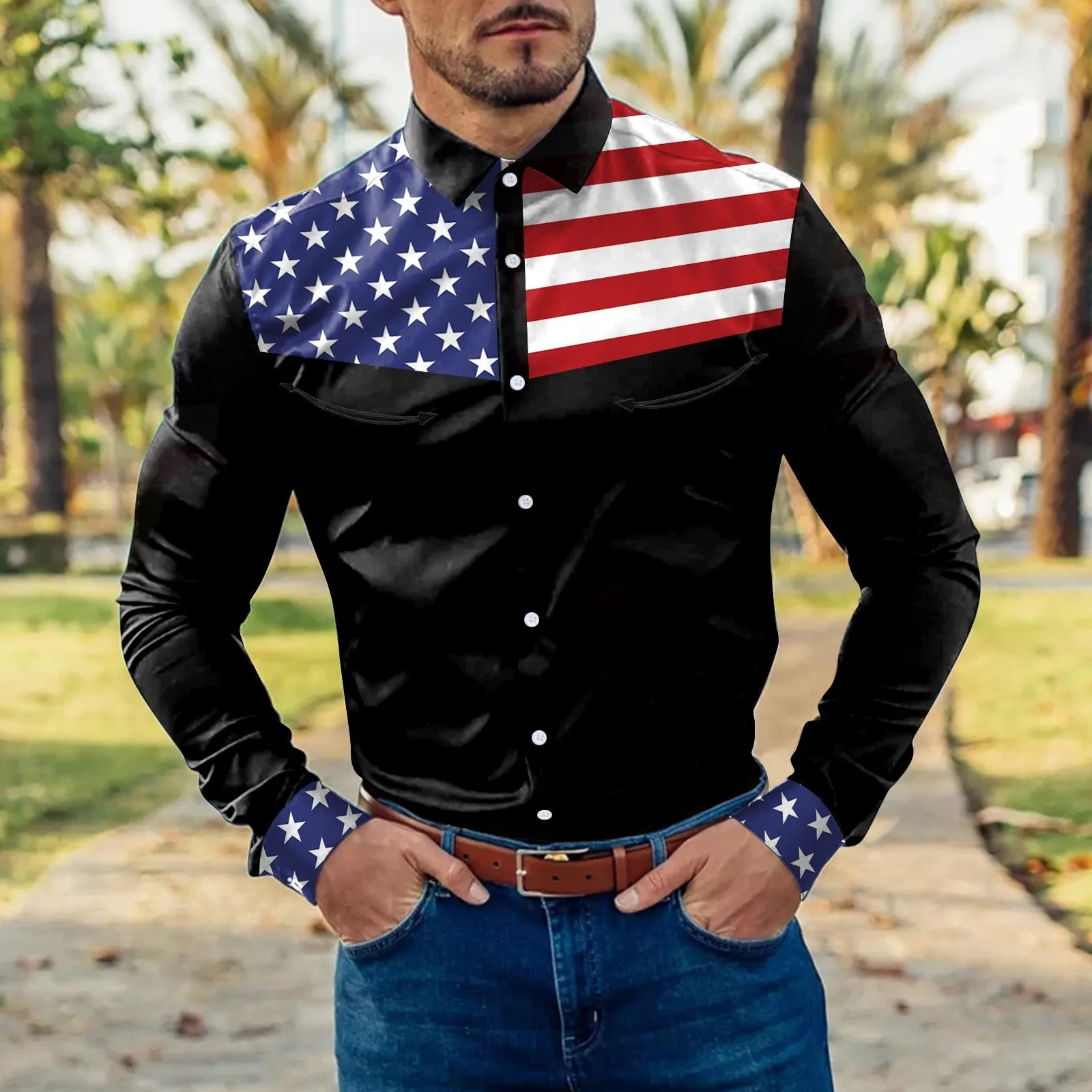 Long Mens Fashion Striped Shirts Man Vintage American Flag 3D Print Casual Color Social Y2k Dress Streetwear Floral Slim Camisa