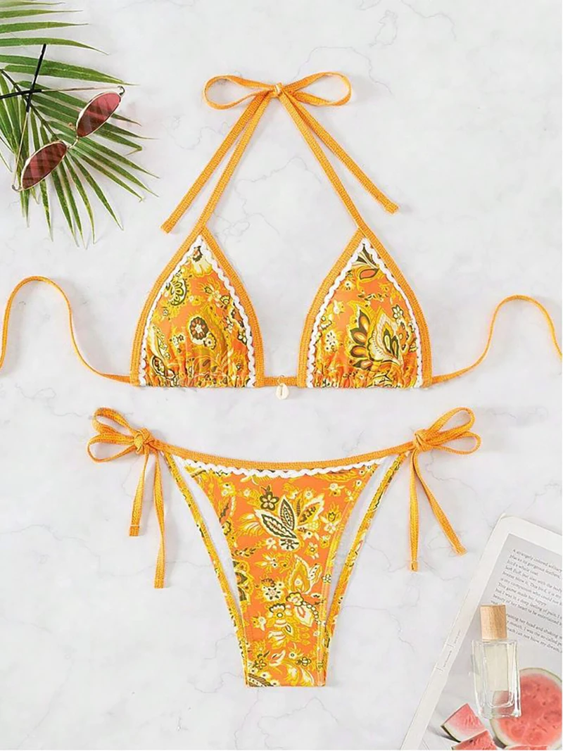 Seksowne trójkątne bikini push-up stringi boczne bikini kobiety kwiatowy Print stroje kąpielowe patchworkowy strój kąpielowy usztywniany strój kąpielowy strój plażowy