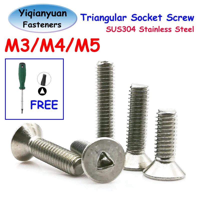 Yiqianyuan M2 M3 M4 M5 SUS304 Stainless Steel Triangular Socket Slotted Flat Countersunk Head Security Bolt with Screwdriver