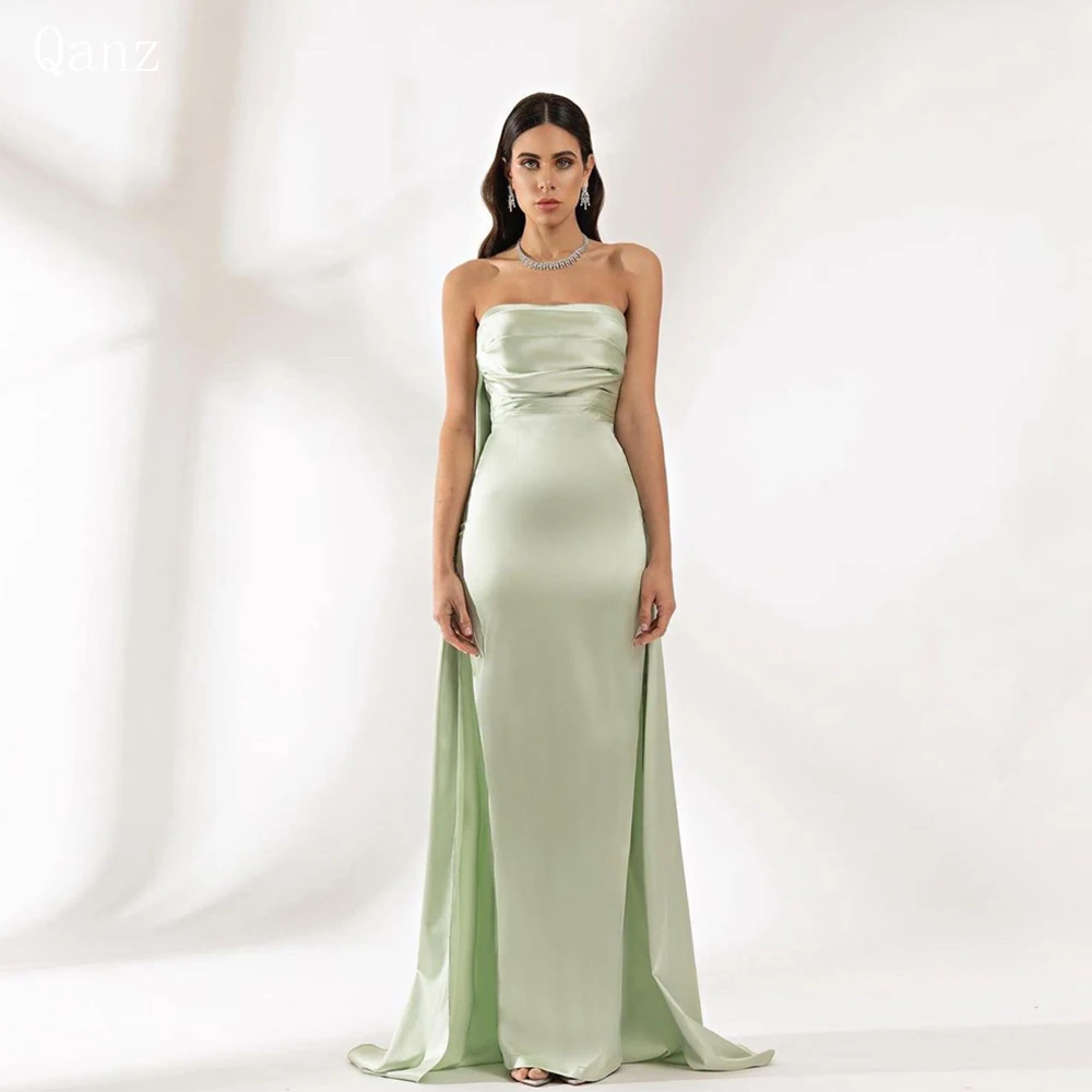 

Qanz Sexy Strapless Ming Green Evening Dresses Arabic Women Mermaid Satin Long Cape Prom Gowns Formal Occasion Party Dress 2024