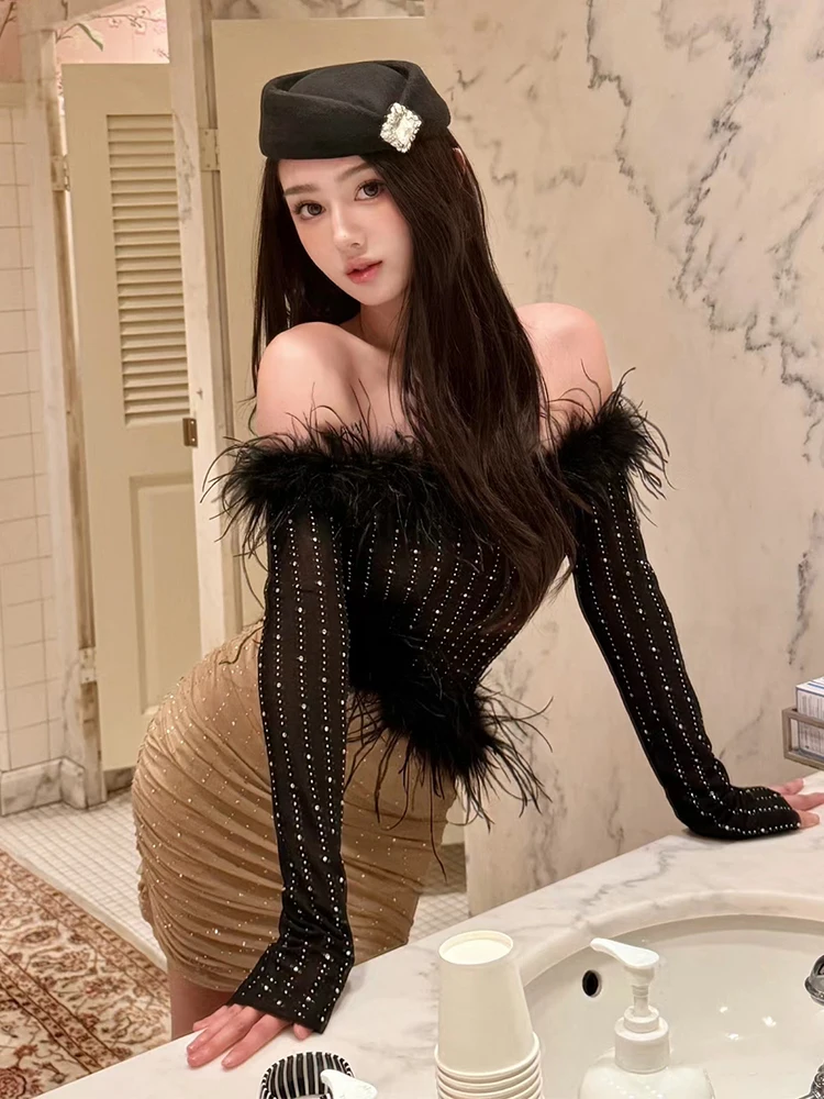 

Eza Nevjrh Feather One oulder Color Blo Sequin Dr Slimming ort Skirt Sweet And Spicy Sle Regenerated Polyester Fiber