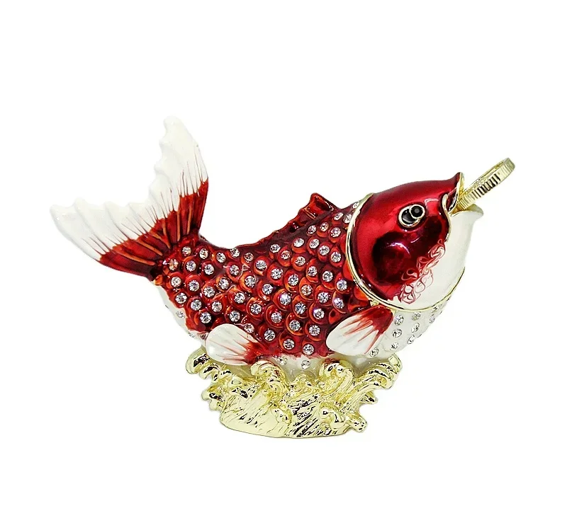 

SHINNYGIFTS FengShui Metal Craft Money Fish Trinket Box Enamel Home Decorative Jewelry Gift Box