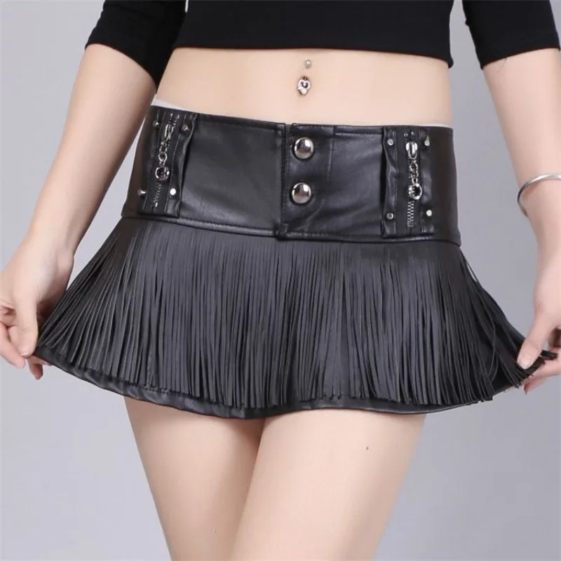 

2025 Autumn New Sexy PU Leather Fishtail Skirt A-shaped Hip Skirt Lotus Leaf Edge Fringed One-step Skirt
