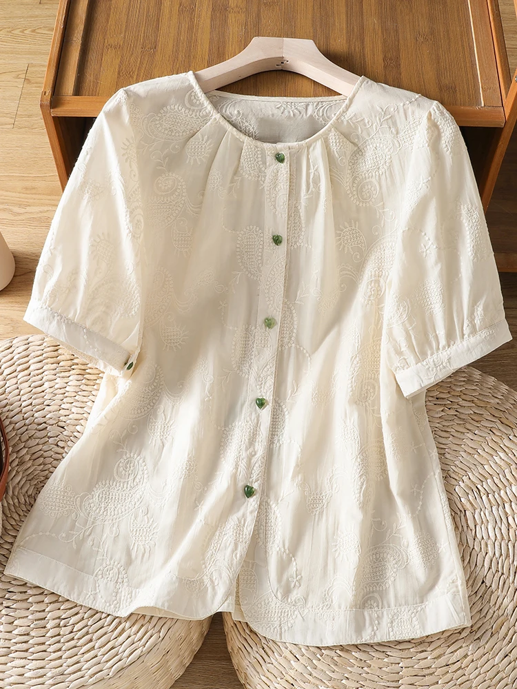 

Retro Embroidered round Neck Short Sleeve Shirt Women's Summer New Style Casual Slimming Beautiful Small Shirt Top