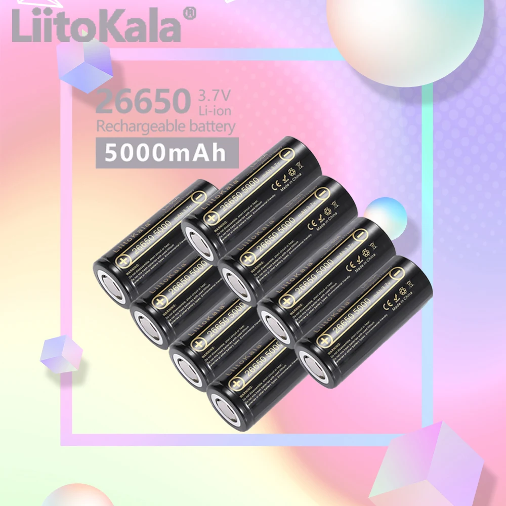LiitoKala-Batería de litio recargable para linterna nueva, pila de 3,7V, 5000 mAh, en color negro, modelo 26650-50A, lii-50A, HK, disponible de 1-18 uds.