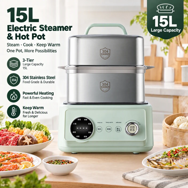 Home Use Kitchen Appliances Electric Steamer Non Stick 3 Layer 15L Large Capacity Stainless Steel Electric Hot Pot Cooking Pot