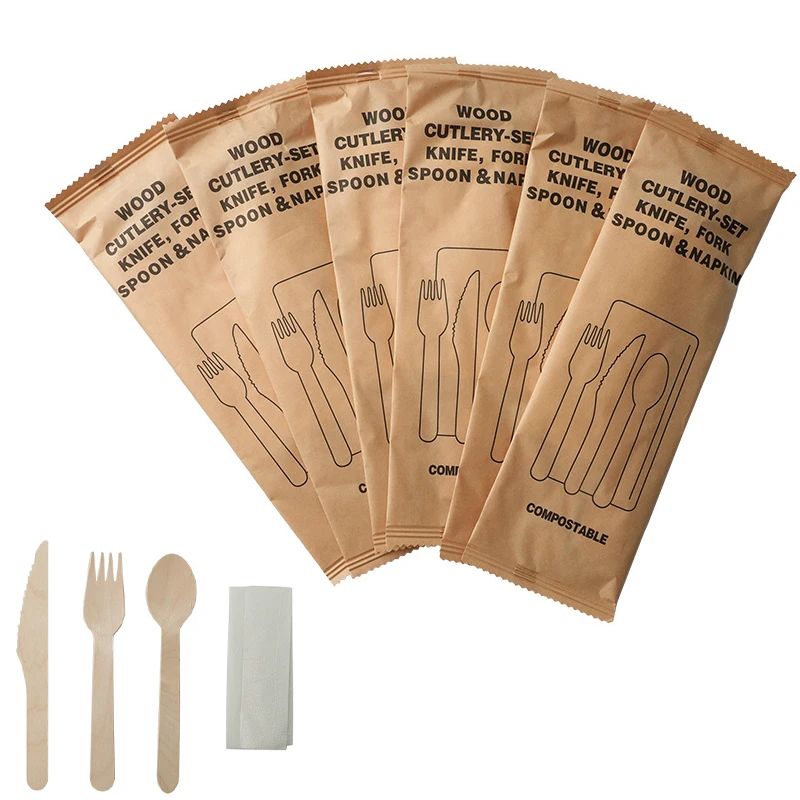Juego de cubiertos de madera desechables: 100% compostable para el hogar (tenedor, cuchillo, cuchara y servilleta) envuelto individualmente, 6,3 pulgadas, ecológico