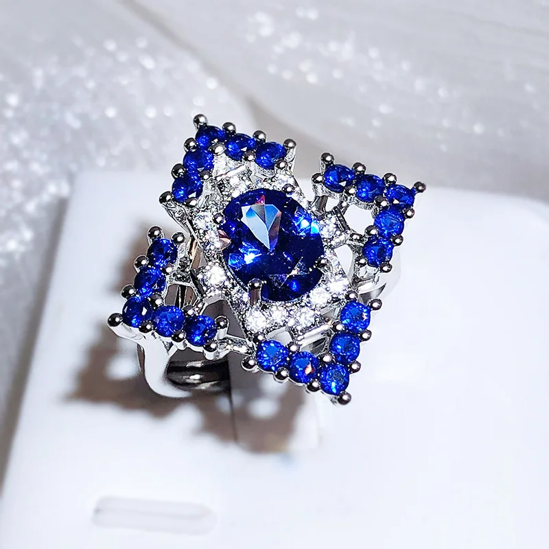 Luxurious Oversized 925 Silver Four-prong Oval Sapphire Full Diamond Ring Women's Engagement Gift Opening Adjustable Jewelry