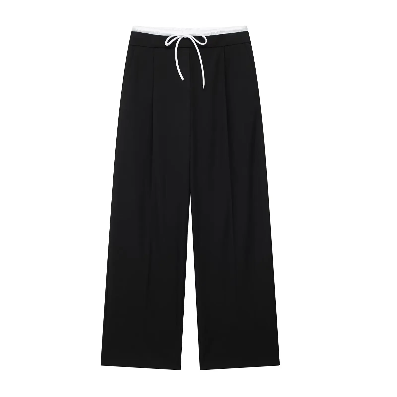 2024 pantaloni dritti solidi larghi casual da donna pantaloni vintage con lacci da donna chic in vita alta elastica femminile