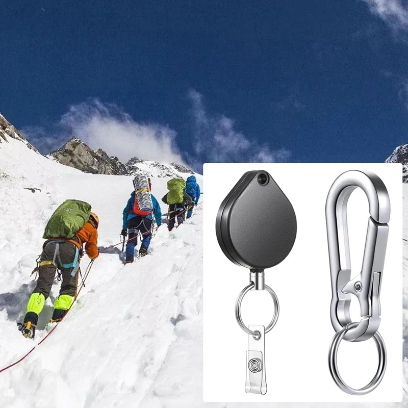 格納式キーホルダーバッジホルダーヘビーデューティバッジリール強力なケーシング金属コイル鋼線ロープカラビナ-ABJU