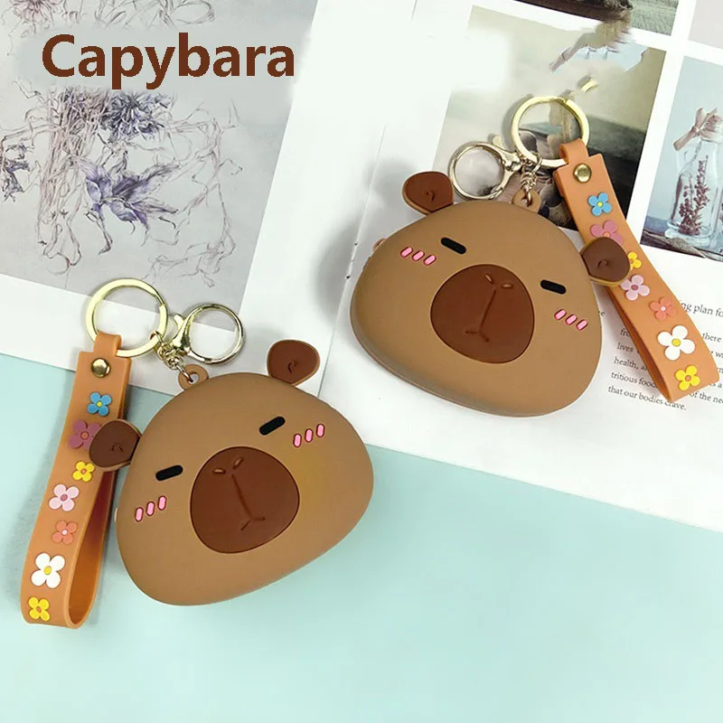 Cute Silica Gel Earphone Storage Bag Cartoon Capybara Coin Purse Girls Wallet Bags With Wrist Strap Keychain