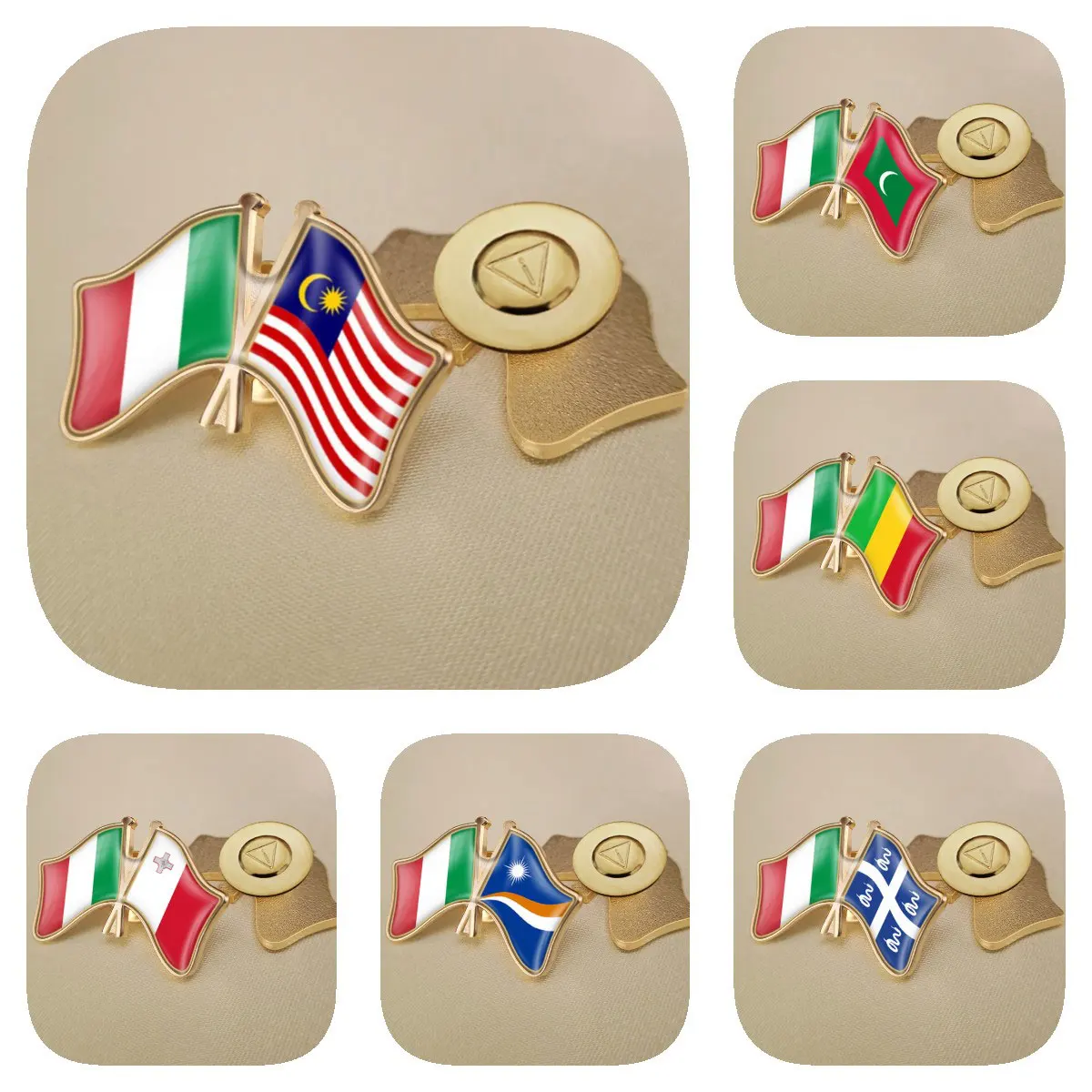 Italy and Malaysia Maldives Mali Malta Marshall Islands Martinique Double Crossed Friendship Flags Brooches Lapel Pins Bradges