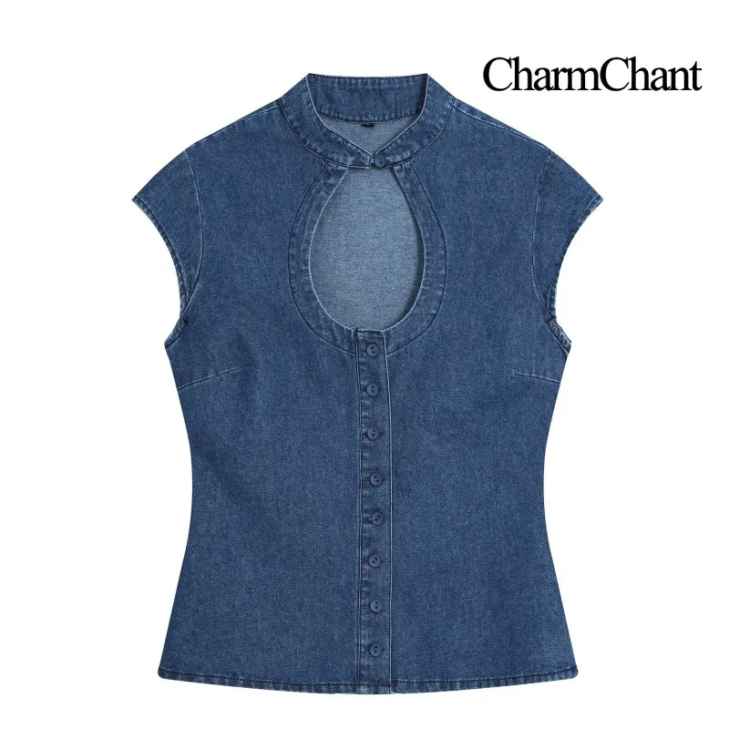 CHARMCHANT Women's Keyhole Neck Denim Top Sleeveless Button Front Fitted Silhouette Blouse Shirt for Daily Street Wear Fall 2026