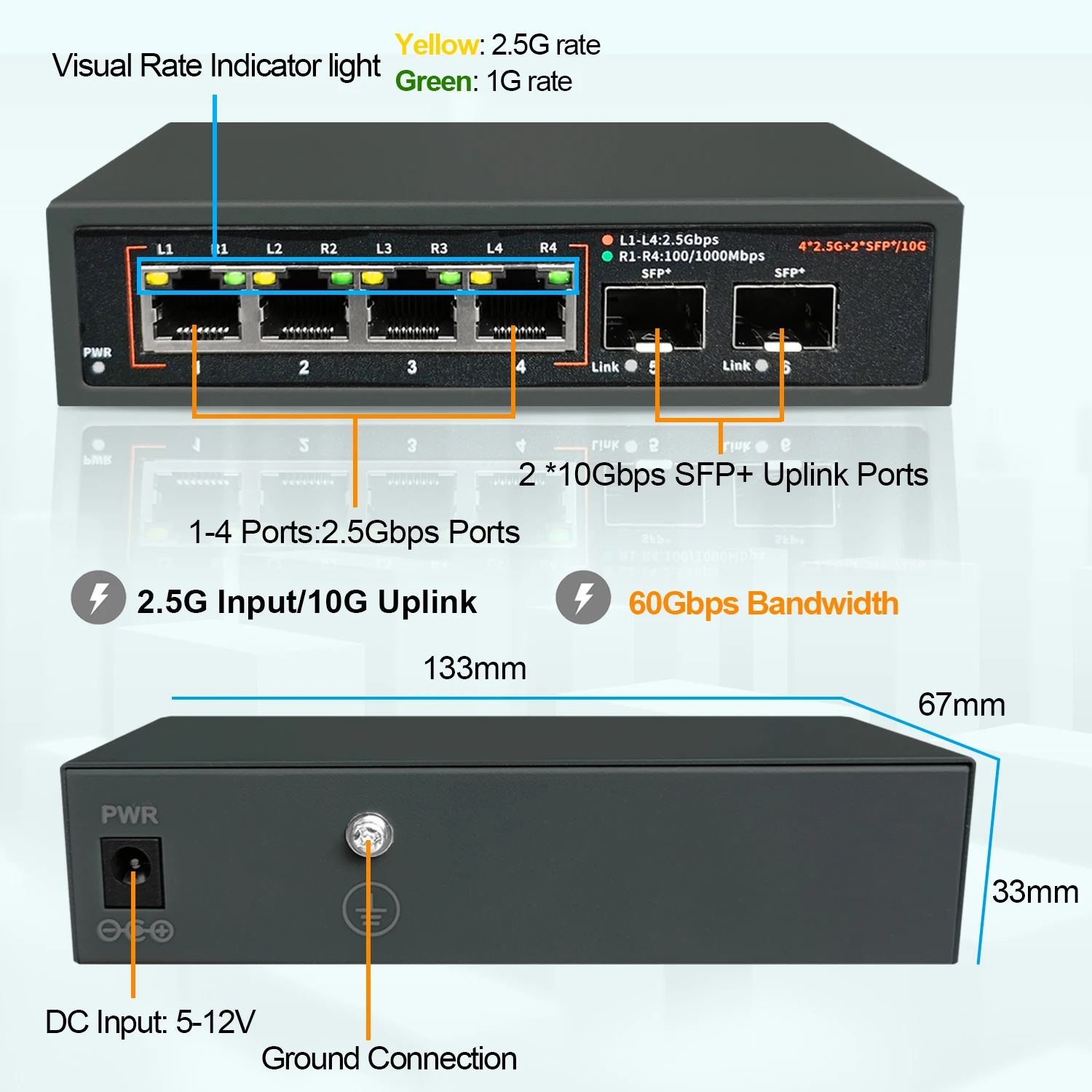 2.5G Ethernet Network Switch Unmanaged LAN Hub 4*2.5G+2*10G SFP+ Uplink Ports Fanless  for NAS Wifi Router Wireless AP VDI