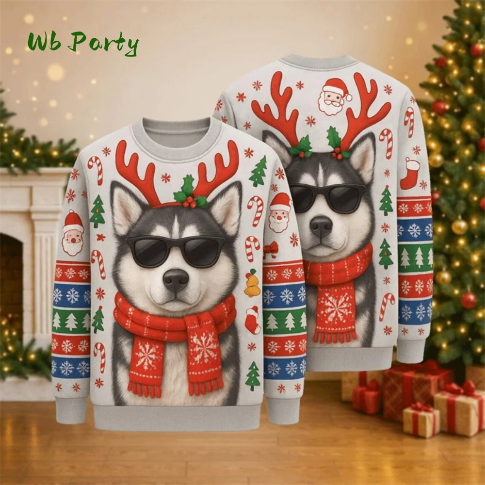 

2025 Funny Husky Dog Reindeer Antlers Ugly Men's clothing Merry Christmas Unique Design Ugly Sweatshirts Personality Man Hoodie