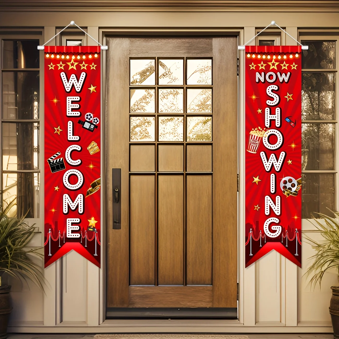 Movie Night Porch Sign Banner Red Neon Movie Theme Party Hanging Banner for Home Film Backdrop Movie Theater Welcome Now Showing