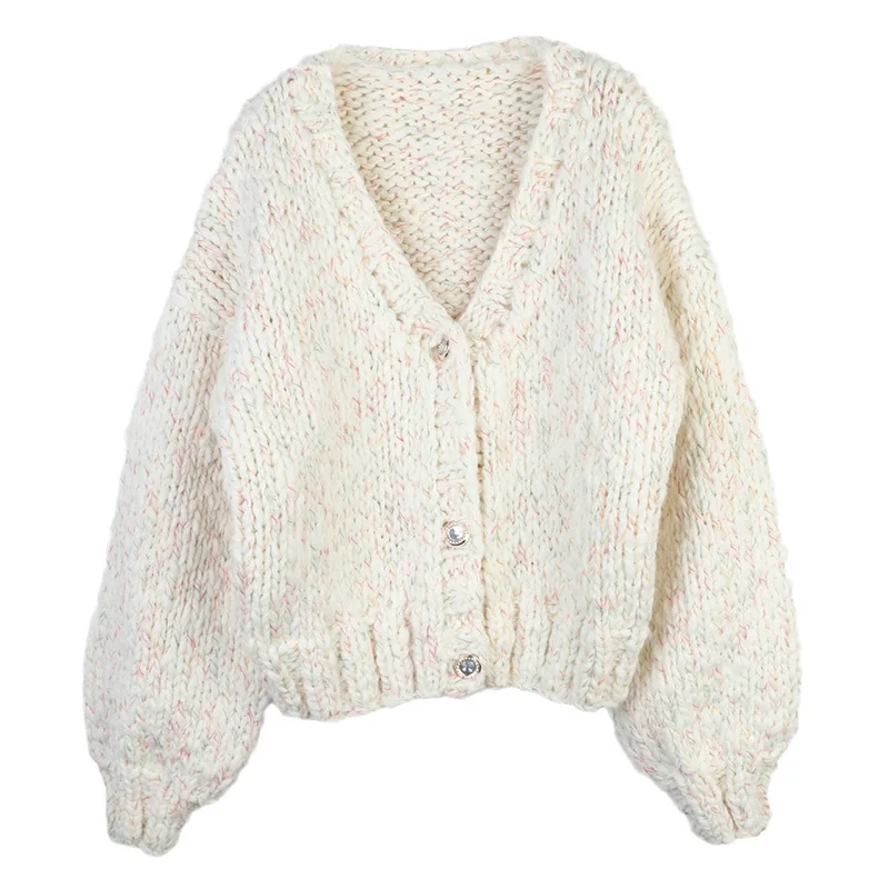 

Бежевый вязаный кардиган, женский ретро 2021, осень/зима, повседневный, свободный, с v-образным вырезом и длинными рукавами, толстый, базовый, простой