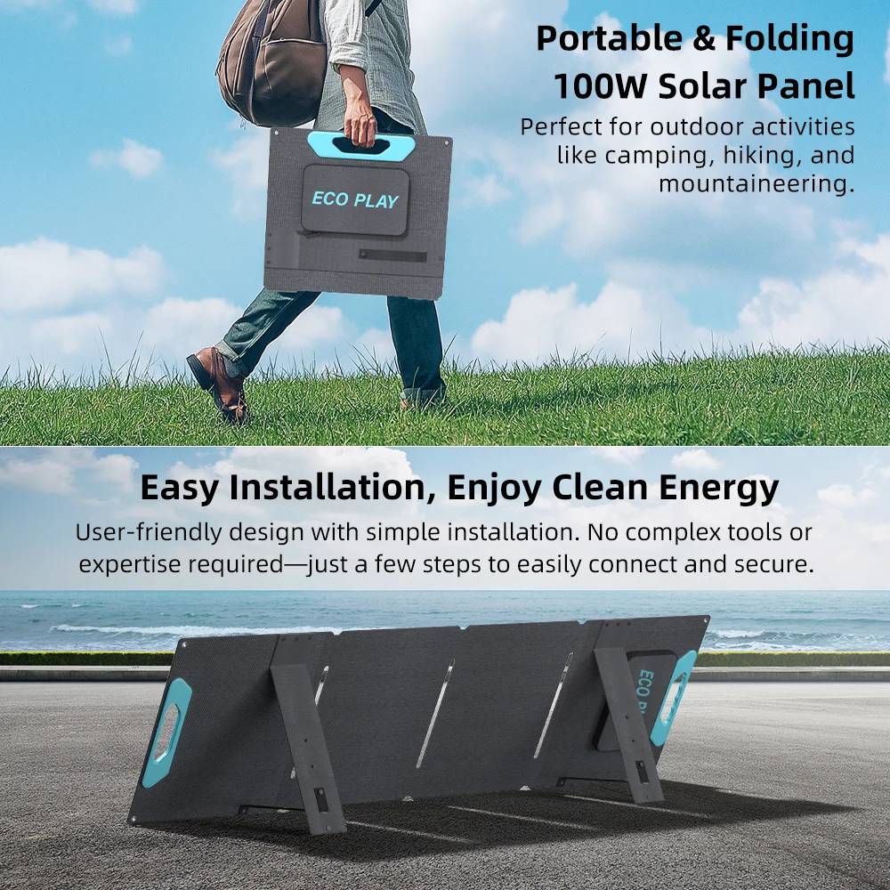 ECOPLAY 100W Flexible Solar Panels Outdoor Emergency Power Supply IP65 Waterproof Portable Folding Bag for RV Camping Fishing