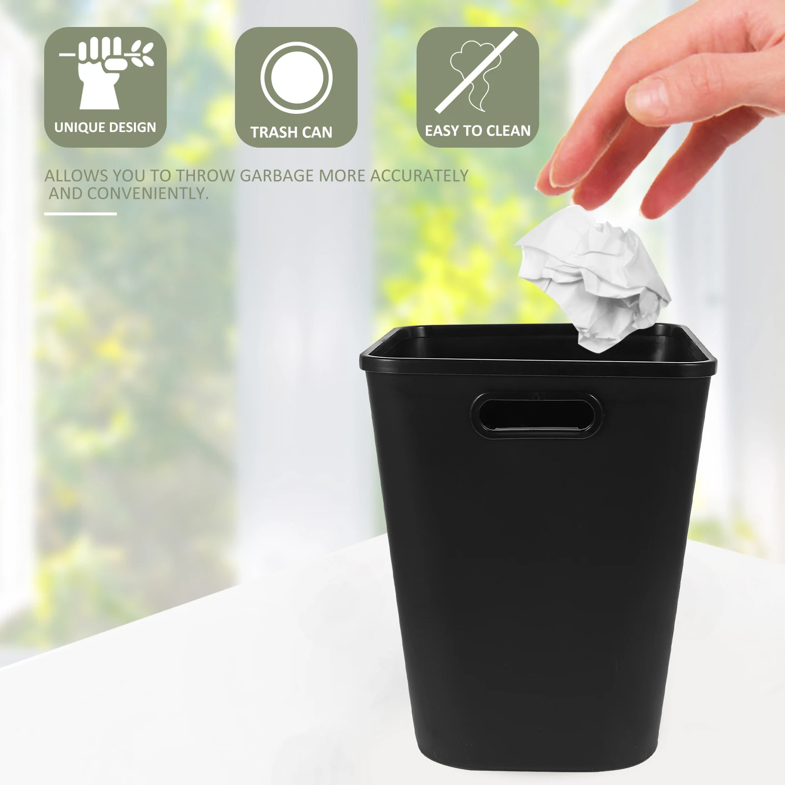 

Large Capacity Plastic Trash Can Square Garbage Bin for Bathroom Kitchen Bedroom Living Room PP Easy Basket Black