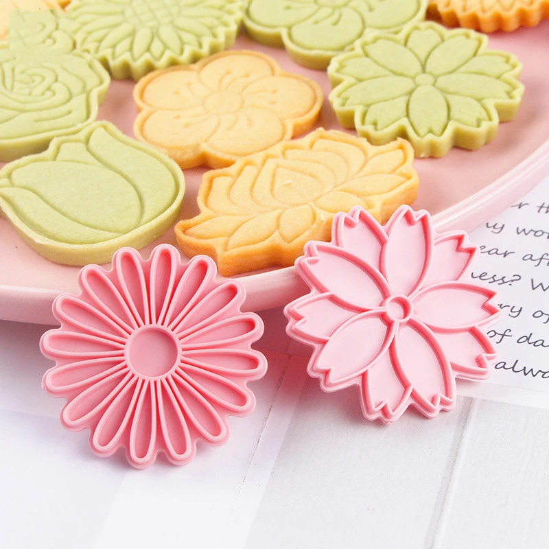 8Pcs/Set Cookie Cutters Plastic 3D Flower Shape Cartoon Pressable Biscuit Mold Cookie Stamp Kitchen Baking Pastry Sugarcraft