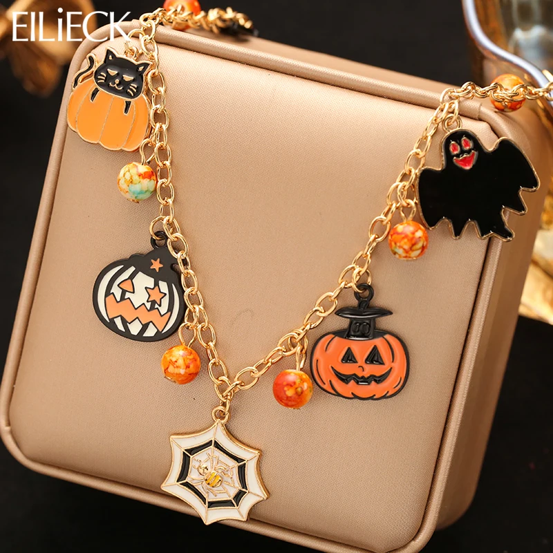

EILIECK New Creative Halloween Pumpkin Bat Spider Pendant Necklace For Women Fashion Neck Chain Jewelry Halloween Holiday Gift
