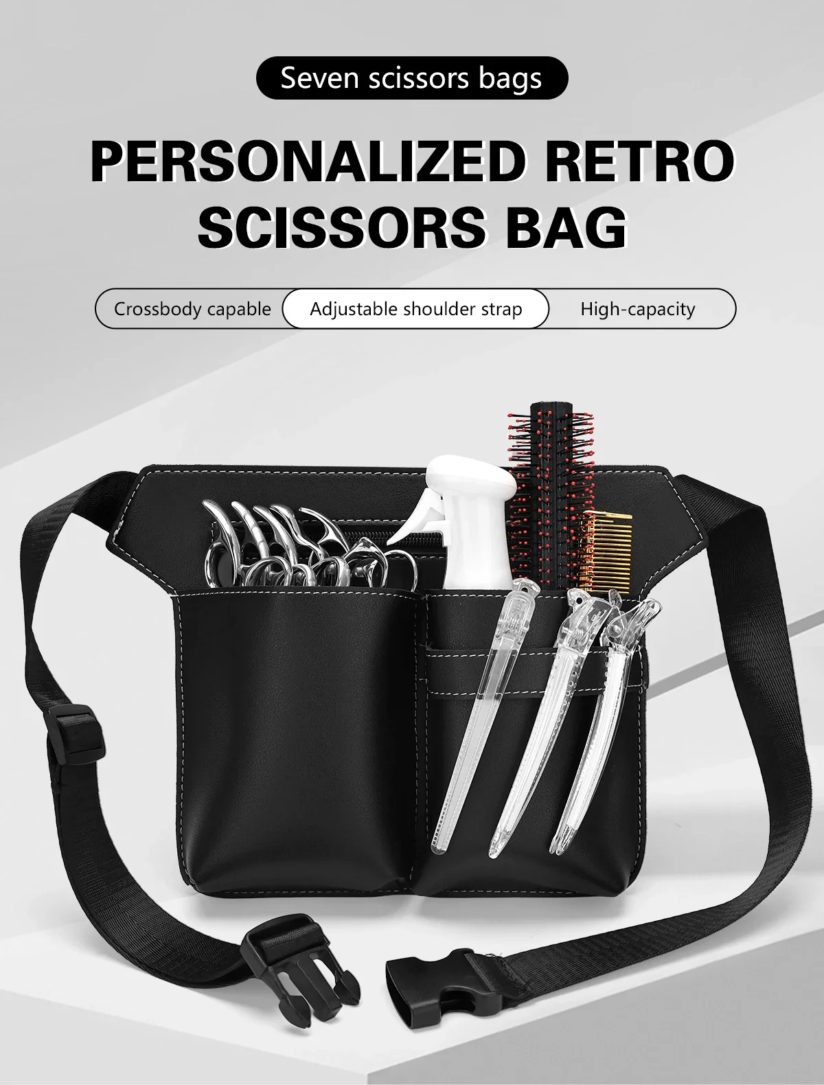 Professional hairstylist\'s hair cutting tool storage bag, fashionable leather waist and shoulder bag, electric push cut bag