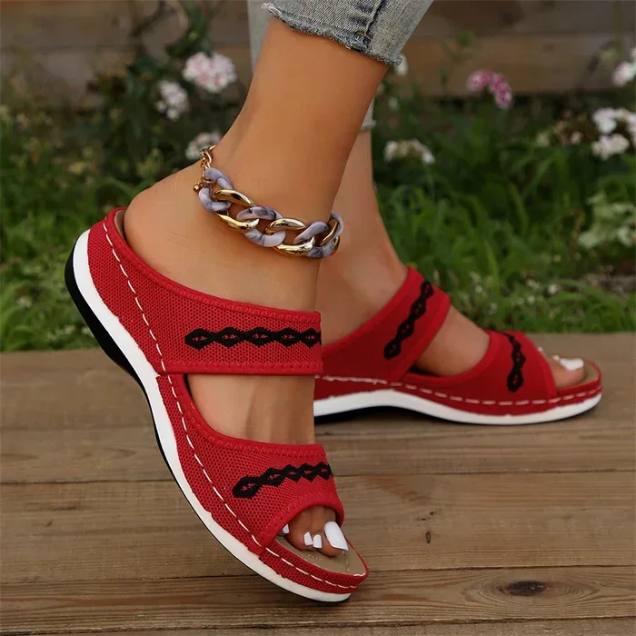 

Summer New Women Fashion Elegant Low Heels Slippers Zapatos De Mujer Female Wedge Heeled Knitting Sandals Mesh Fabric Shoes