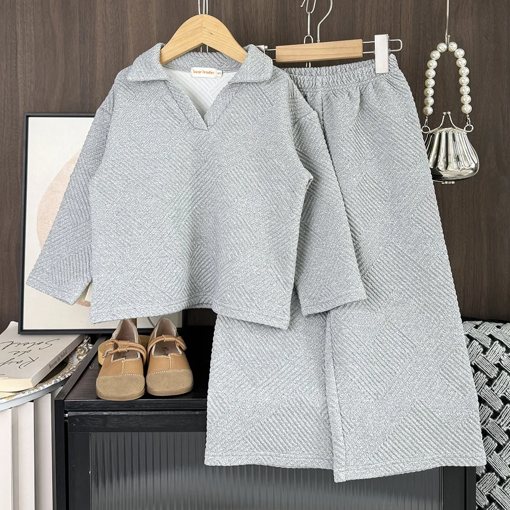 2026 European and American Loose and Simple Solid Casual Girls Autumn Winter V-shaped Lapel Long Sleeved Toppants Two-piece Set