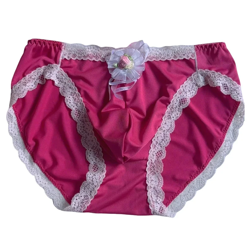 

Men's Rose Red Low Waist Lace Flower Briefs Sissy Panties Sexy Women Underwear for Club Bar Erotic Costumes