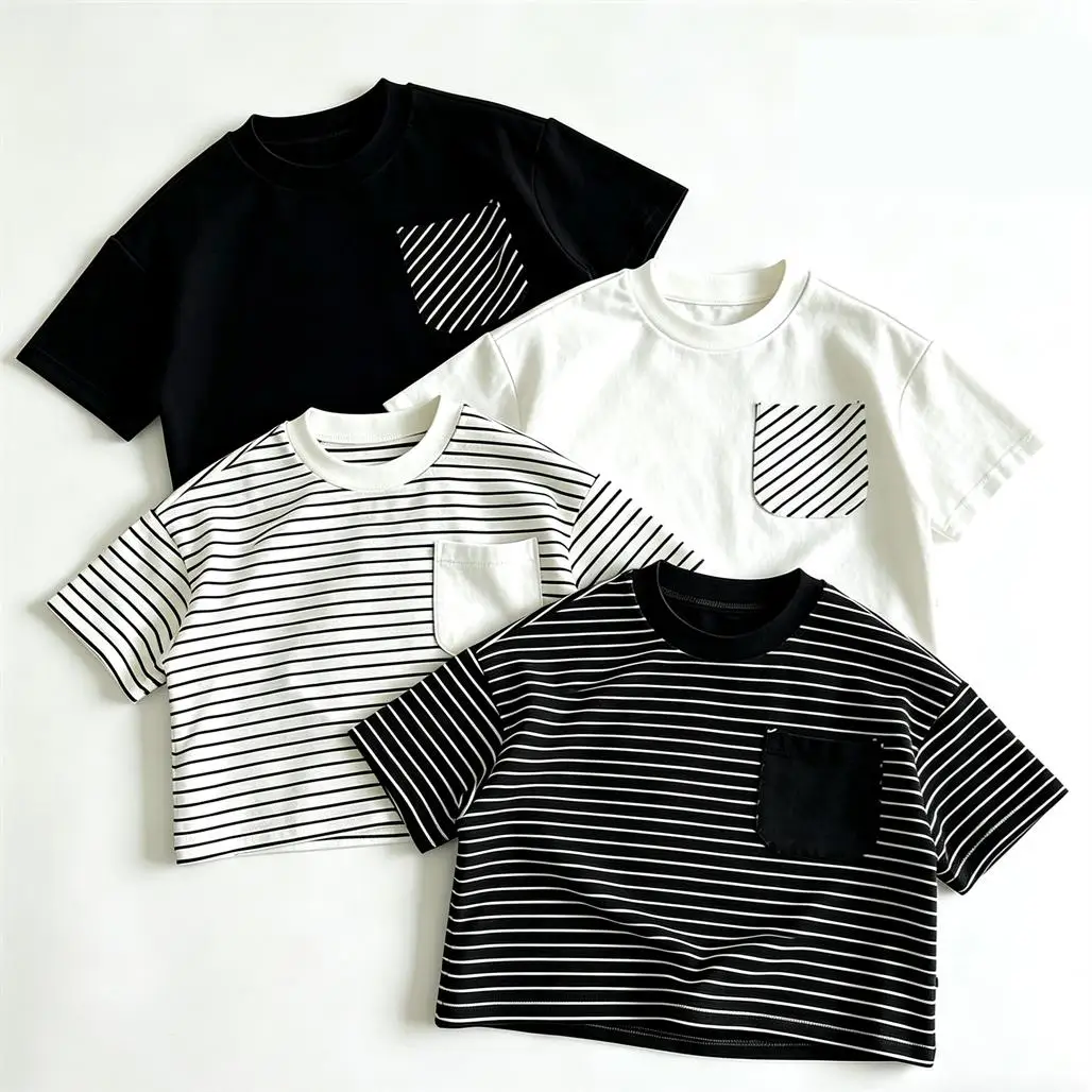 Crewneck Base Shirt For Child Short-sleeved Tshirt Baby Boys Solid Color Versatile Tops Girls Casual Loose Clothes Spring Summer